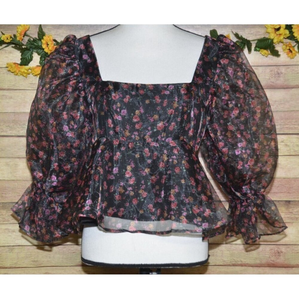 NWT Buddy Love Black Floral Puff Sleeve Peplum Blouse Top Size M Cottage Core